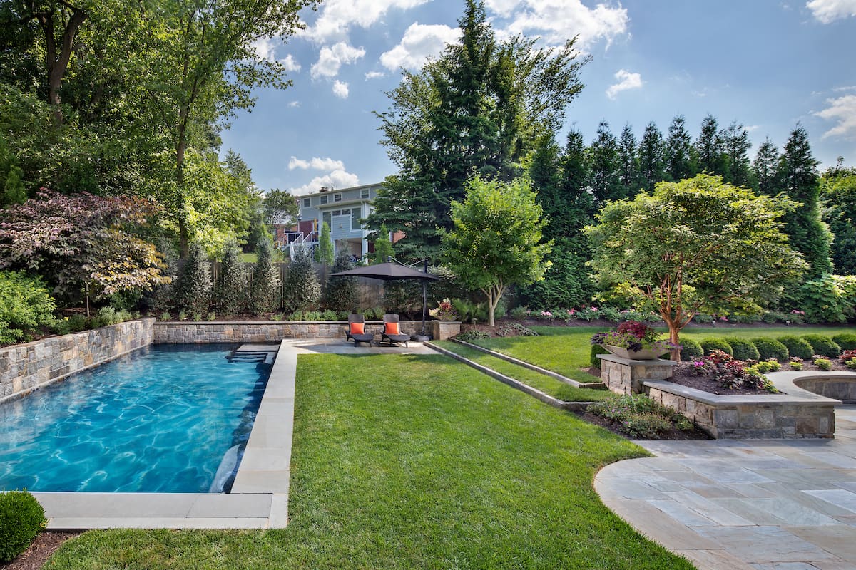 natural lawn area surrounding a back yard swimming pool