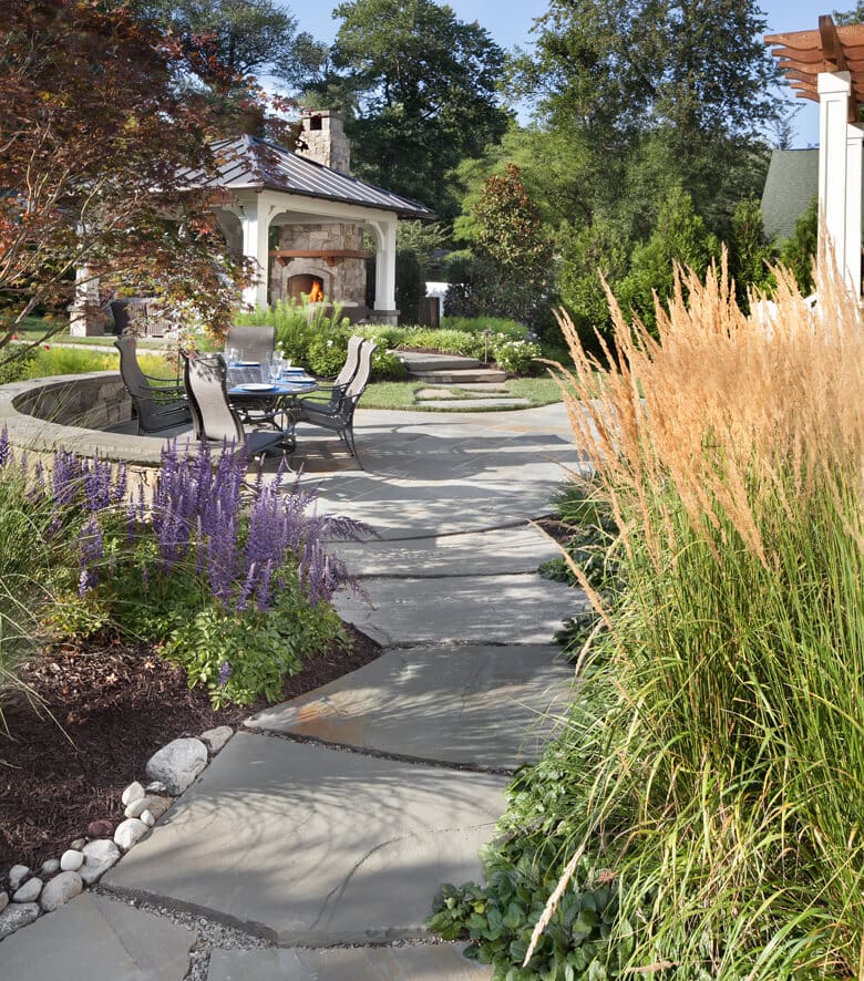 outdoor fireplace pavilion and slab stone path