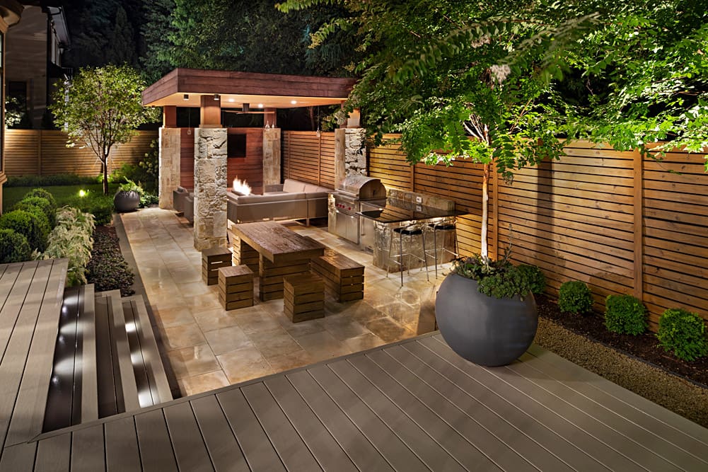 small backyard landscaping with fire feature