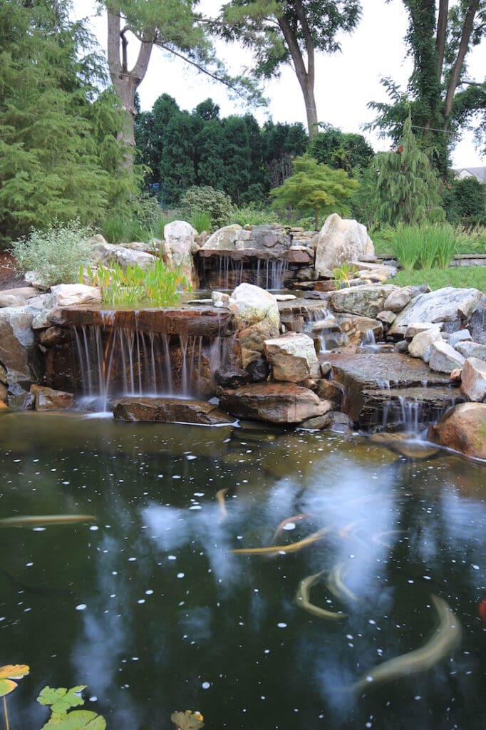 garden koi pond and triple waterfall